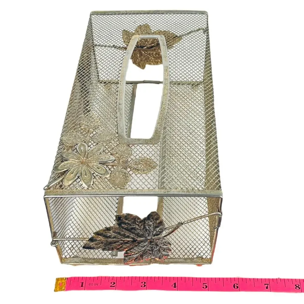 Metal Tissue Box Cover Ball Knob Feet Gold Floral Detail Mcm Mesh Long Box Vtg